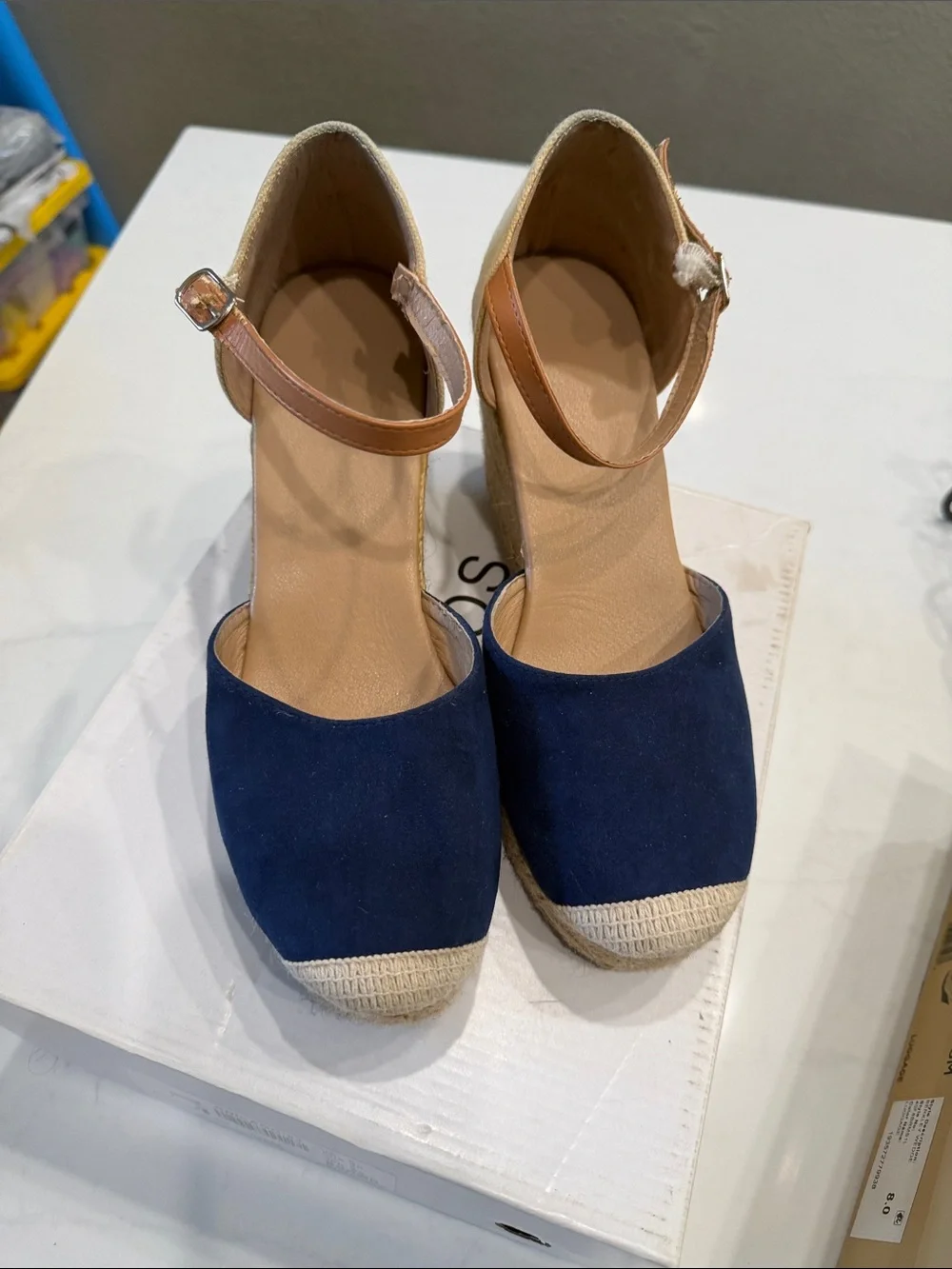 Dream Pairs Navy and Cream Canvas Espadrille Wedges